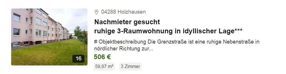 Vermiete ruhige 3 Zimmer Wohnung / Nachmieter gesucht - Region Leipzig - Ort 04288 Holzhausen / Wohnpark Hauptstrae
